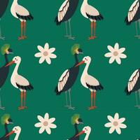 Pattern with stork, crane bird. vector