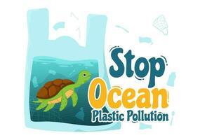 Stop Ocean Plastic Pollution Vector Illustration with Trash Under the Sea like a Waste Bag, Garbage and Bottle in Flat Cartoon Hand Drawn Templates