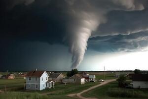 súper ciclón o tornado formando destrucción terminado un poblado paisaje con un hogar o casa en el forma. ai generado foto