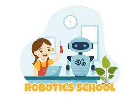 Robotics School Vector Illustration with Kids Robotic Project to Programming and Engineering Robot in Flat Cartoon Hand Drawn Landing Page Templates