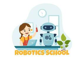 robótica colegio vector ilustración con niños robótico proyecto a programación y Ingenieria robot en plano dibujos animados mano dibujado aterrizaje página plantillas