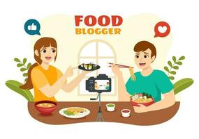 comida blogger vector ilustración con hombre de influencia revisión y compartir eso en el Blog en plano dibujos animados mano dibujado aterrizaje página antecedentes plantillas