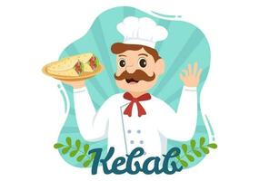 Kebab Vector Illustration with Stuffing Chicken or Beef Meat, Salad and Vegetables in Bread Tortilla Wrap in Flat Cartoon Hand Drawn Templates