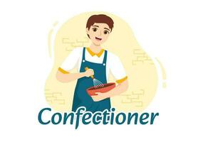 confitero vector ilustración con cocinero vistiendo delantal preparando postre, dulce productos y Pastelería en plano dibujos animados mano dibujado plantillas