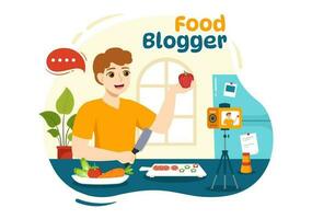 comida blogger vector ilustración con hombre de influencia revisión y compartir eso en el Blog en plano dibujos animados mano dibujado aterrizaje página antecedentes plantillas