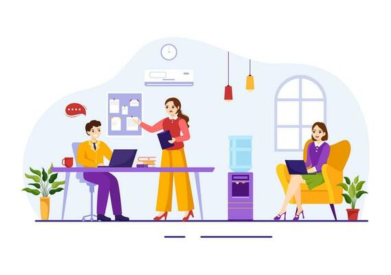 Coworking Business Vector Illustration with Colleagues Talking, Meeting and Working at the Office in Flat Cartoon Hand Drawn Landing Page Templates