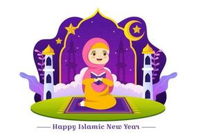 Happy Muharram Vector Illustration with Kids Celebrating Islamic New Year in Flat Cartoon Hand Drawn Landing Page Background Templates