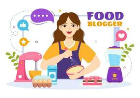 Food Blogger Vector Illustration with Influencer Review and Share it on the Blog in Flat Cartoon Hand Drawn Landing Page Background Templates