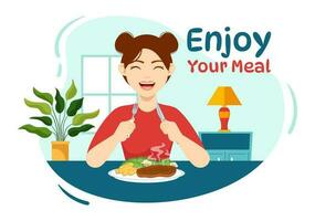 Enjoy Your Meal Vector Illustration a Variety of Delicious Food in Home or Restaurant in Flat Cartoon Hand Drawn Landing Page Background Templates