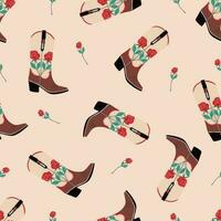 Seamless pattern with cowboy boots and rose. Cowboy western and wild west theme. Hand drawn colored vector set. All elements are isolated