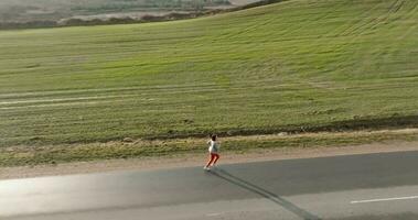panoramique Haut vue de femme fonctionnement le long de un asphalte route parmi le des champs dans ensoleillé journée video