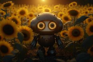 robot in sunflower field, beautiful, technology, photo