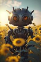 robot in sunflower field, beautiful, technology, photo