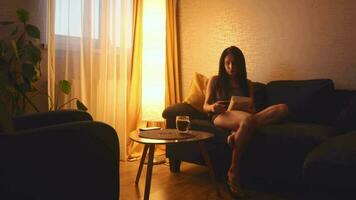 jovem sexy solteiro educado mulher lendo livro e bebendo café em sofá dentro higiene casa. caucasiano fêmea relaxante dentro acolhedor vivo quarto e lendo uma livro video