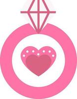 Heart Inside Diamond Ring Flat Icon In Pink Color. vector