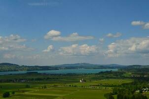 Beautiful view from the hills to the scenic valley landscape. Natural background. photo