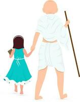 Back View Of Mahatma Gandhi Bapu Standing With Girl Character On White Background. vector