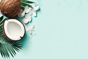 Tropical Composition A Half Coconut with Fresh Ingredients and Copy Space photo