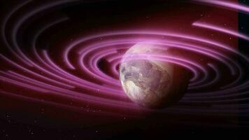 abstract Purper ruimte planeet met een ronde asteroïde riem ring futuristische hi-tech Aan de achtergrond van sterren in Open ruimte video