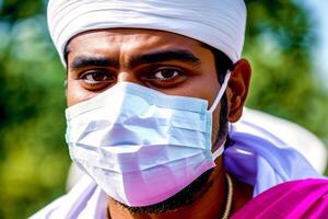 un musulmán hombre vistiendo protector mascarilla. codicioso 19 enmascarado con confianza. generativo ai foto