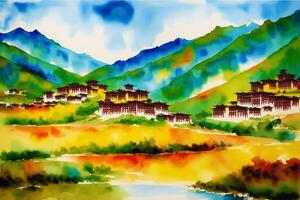 A watercolor town. Tibet. Enchanting Serenity, Watercolor Painting of a Tibetan Village. photo