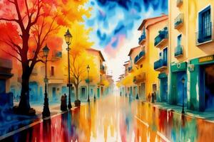 A watercolor town. Italy, Spain, France. Watercolor Painting of a Serene Mediterranean Town. photo