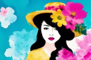 An illustration of a young woman with a colorful background and flowers. silhouette. Watercolor paint. photo