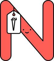 Capital N Alphabet Cartoon And Needle Word Tag Red Icon. vector