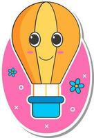 Funny Hot Air Balloon With Flowers In Sticker Style. vector