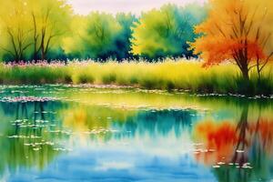 Tranquil Summer Scenery. A Watercolor Painting of Park, Lake, field and River. photo