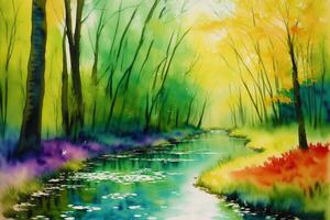 Tranquil Summer Scenery. A Watercolor Painting of Park, Lake, field and River. photo