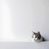 Cat on a white wall background. photo