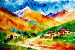 A watercolor town. Tibet. Enchanting Serenity, Watercolor Painting of a Tibetan Village. photo