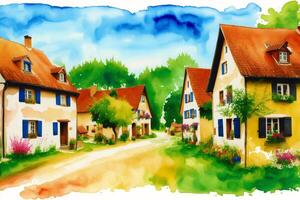 A watercolor town. Germany, Austria. Watercolor Painting of a German or Austrian Town. photo