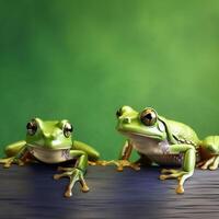 Two frogs are sitting on a wooden podium on a green background. photo