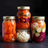 en escabeche Cortado vegetales en un vaso tarro en un grafito tablero antecedentes. preparativos para el invierno. ai generativo foto