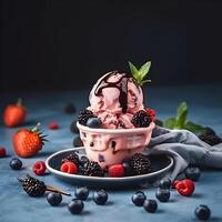 .Homemade ice cream with berries of blueberries and strwberr photo