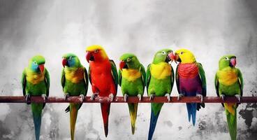 Macaw parrots sit on a branch on a gray background photo