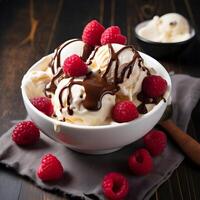 Homemade tradition ice cream with raspberry fruits. photo