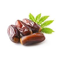 .Dates fruits with leaves on white backgrounds. photo