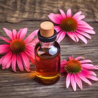 Echinacea oil and echinacea flowers on a wooden board. photo