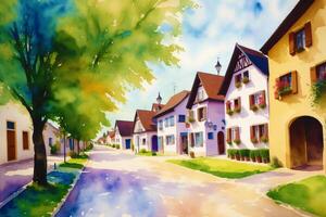 A watercolor town. Germany, Austria. Watercolor Painting of a German or Austrian Town. photo