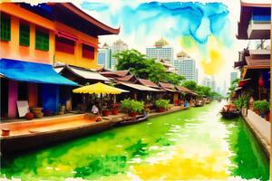 A watercolor town. Colors of Thailand. Watercolor Painting of a Thai Town. photo