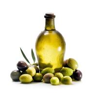 AI generativeBottle of olives oil and olives fruits on white backgrounds. Healthy food ingredient. Illustration. AI generated. photo