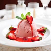 Beautiful ice cream with strawberry. AI generative. photo