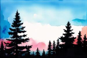 A painting of a snowy landscape with a blue sky and trees in the foreground.Winter. Watercolor paint. Digital art, photo