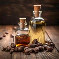 Bottle castor oil and castor seeds on wooden backgrounds. . Illustration photo