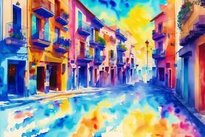 A watercolor town. A Mediterranean Paradise. Watercolor Painting of a Charming Greek Town. photo