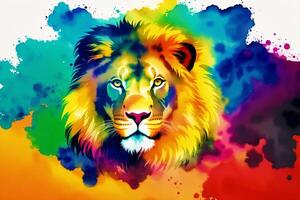An Illustration of a lion on abstract watercolor background. Watercolor paint. Digital art, photo