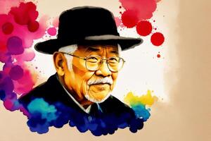 An illustration of An old asian man. Silhouette. Watercolor paint. photo